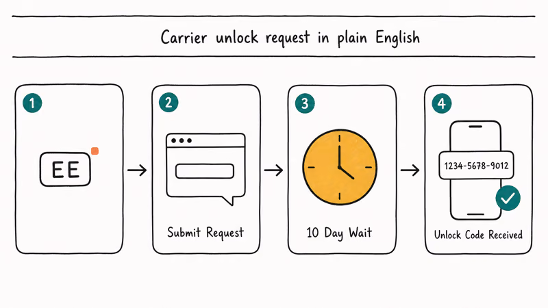Four step EE Orange unlock request flow showing brand badge form submit ten day wait and unlock code