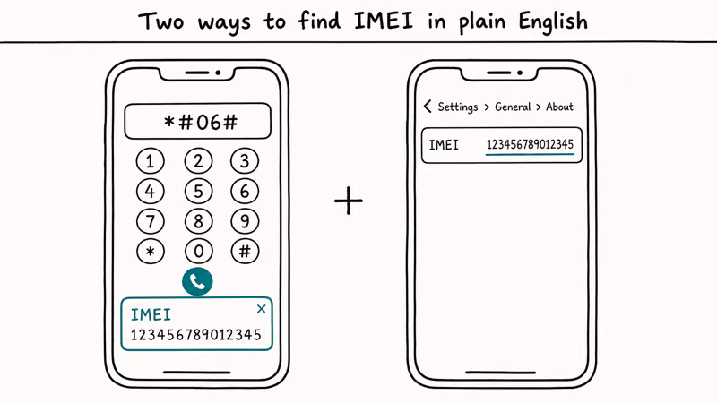 Diptych showing phone dialer star pound 06 code revealing IMEI and Settings General About IMEI screen with value.