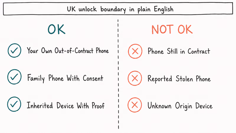 Two column UK legal boundary showing OK out of contract and family with consent versus NOT OK in