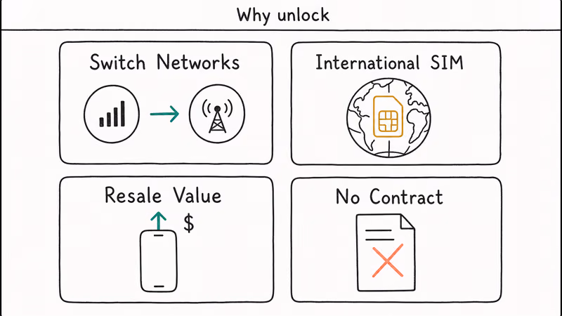 Four tile grid showing benefits of unlocking Orange phone switch networks international SIM resale value and no contract.