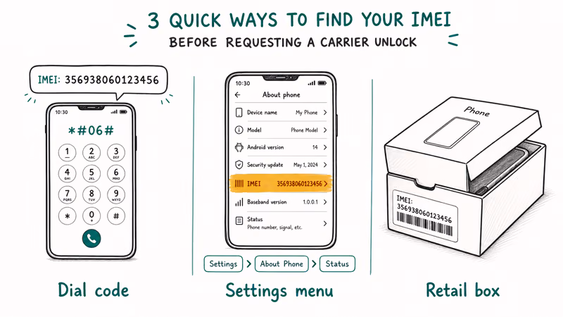 Three ways to find an IMEI number, dial code, Settings menu, and the original retail box