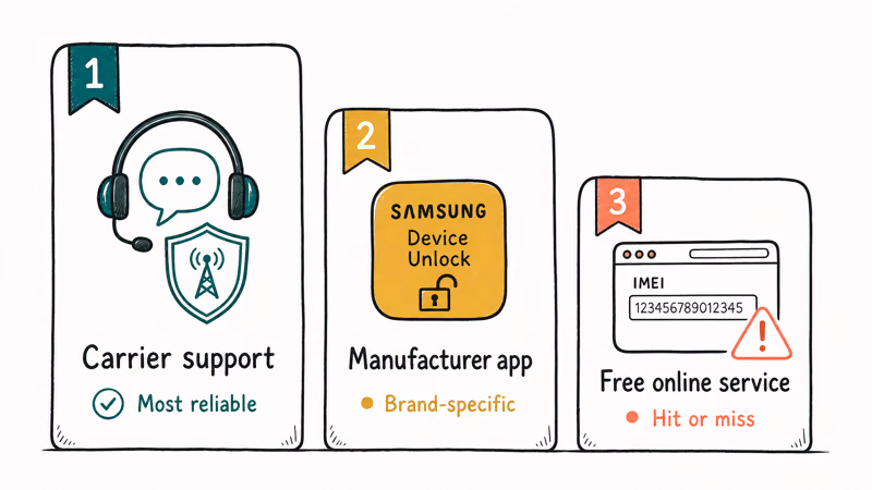 Ranked comparison of carrier unlock, manufacturer app, and free online service for IMEI unlocking