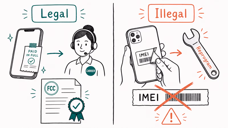 Legal carrier unlock contrasted with illegal IMEI reprogramming under FCC and telecom fraud rules