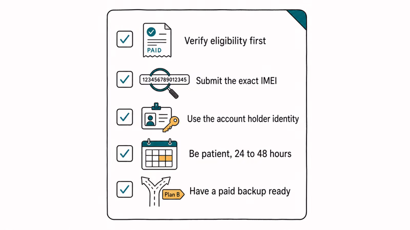 Checklist of five habits that improve approval odds for a free IMEI unlock request