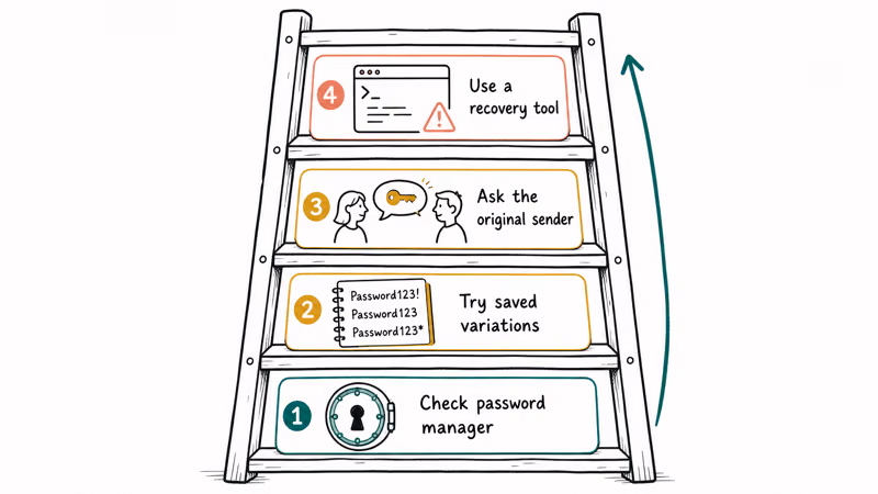 Step ladder of four free recovery steps starting with password manager check before tools