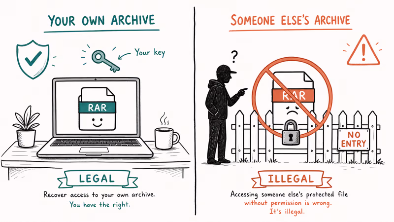 Diagram contrasting legal RAR recovery on your own archive versus accessing someone else's protected file