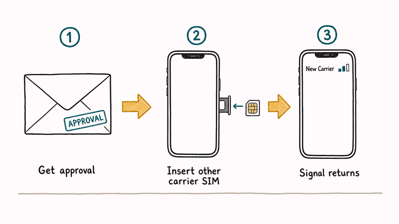 Hand-drawn three step flow showing approval email then SIM swap then carrier signal confirmation after Straight Talk unlock