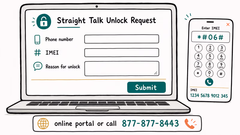 Hand-drawn laptop showing a Straight Talk iPhone unlock request form with IMEI lookup popup beside it