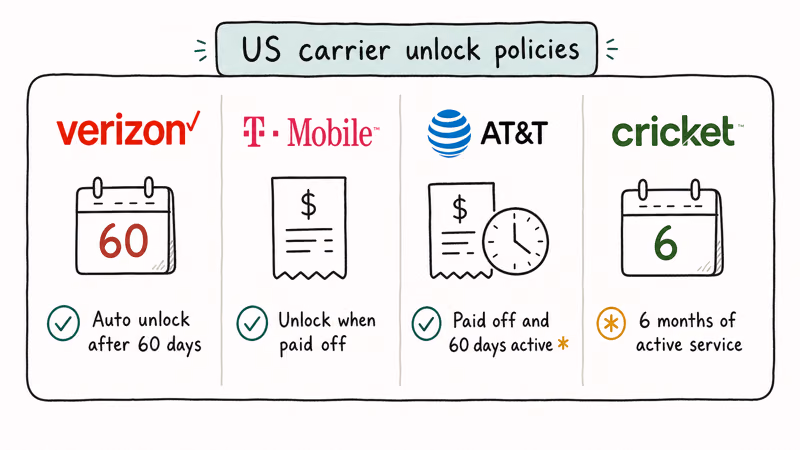 Side by side card comparing Verizon, T-Mobile, AT&T, and Cricket phone unlock policies