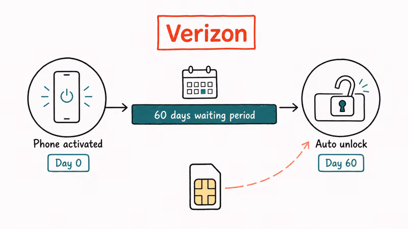 Verizon 60-day automatic unlock timeline from device activation to an open padlock card