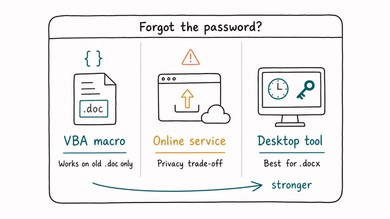 Comparison card of three Word password recovery paths macro online service and desktop tool