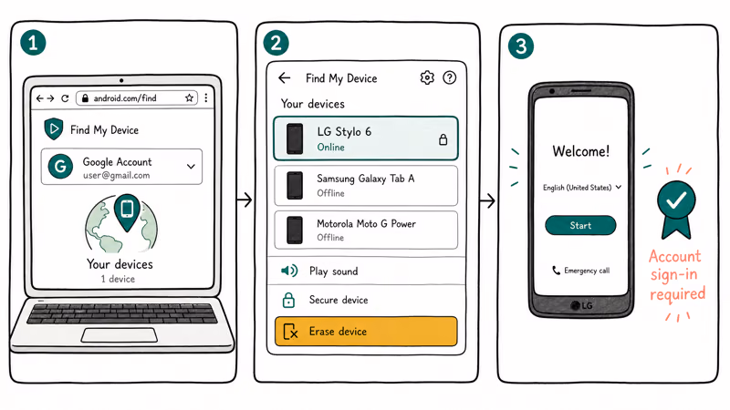 Three-panel flow signing into Find My Device selecting LG and remote erasing then setup screen waiting for account
