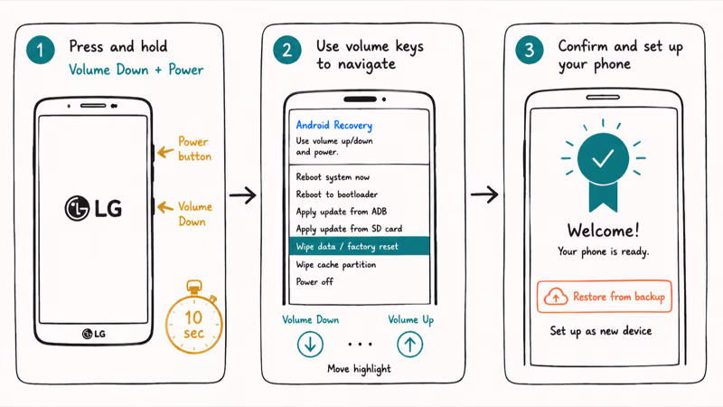 Three-panel LG hard reset flow using volume down plus power then wipe data factory reset to fresh setup