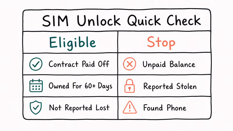 Two-column carrier SIM unlock eligibility check separating paid off owned devices from blocked or stolen ones