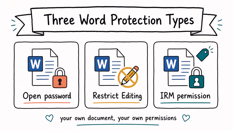 Hand-drawn row of three card types distinguishing Open password Restrict Editing and IRM permission protection on a Word