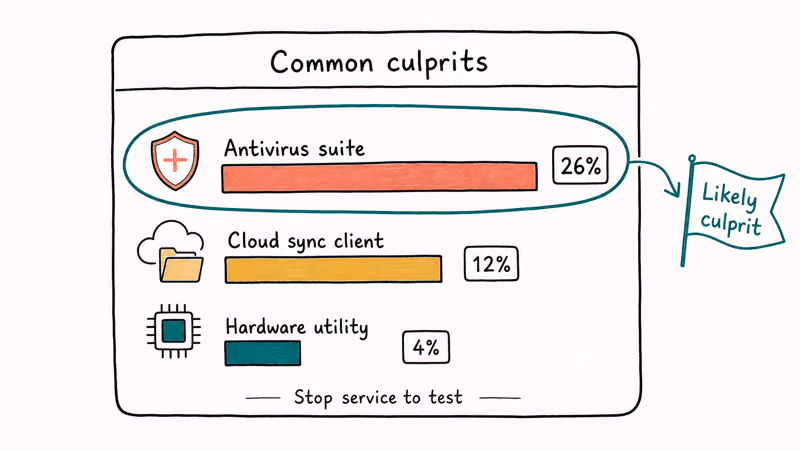 Bar chart showing three suspect apps that drive Unsecapp.exe high CPU usage with culprit highlighted
