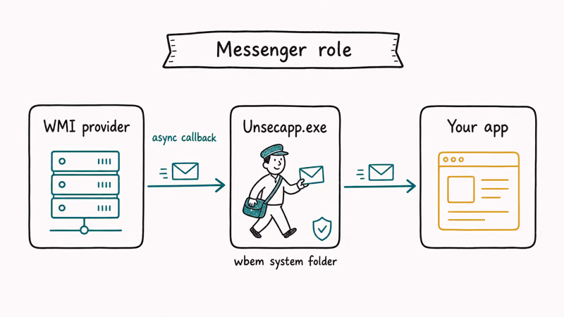 Diagram showing Unsecapp.exe delivering async WMI callbacks from a provider to an app on Windows