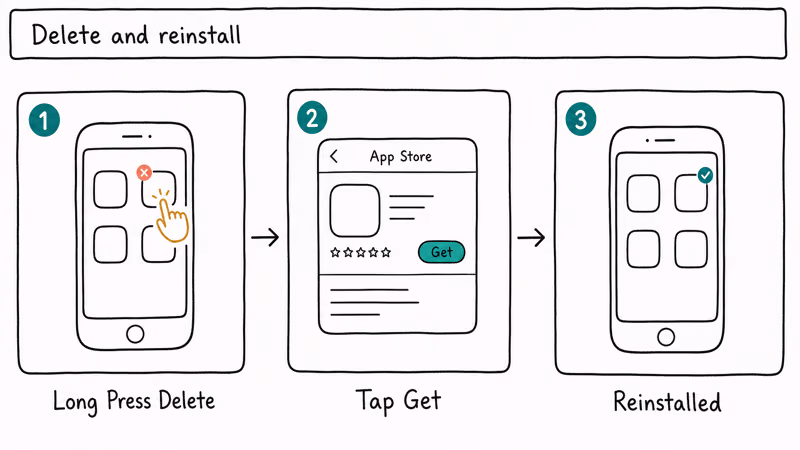 Three step delete app reinstall flow showing long press delete badge App Store Get button and freshly installed