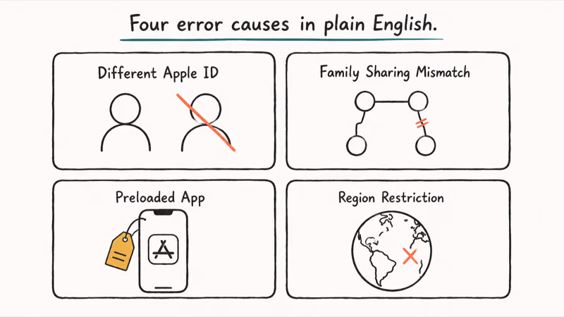 Four card grid showing Apple ID update unavailable causes different Apple ID family sharing mismatch preloaded app and