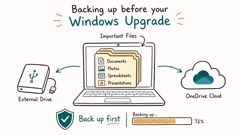 Laptop files backing up to an external drive and OneDrive cloud before starting the Windows 11 upgrade