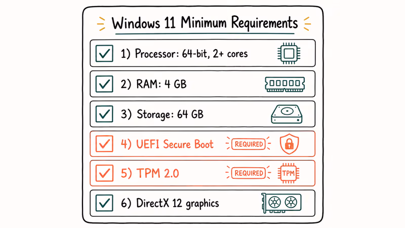 Hand-drawn checklist of Windows 11 minimum requirements with TPM and Secure Boot highlighted as common blockers
