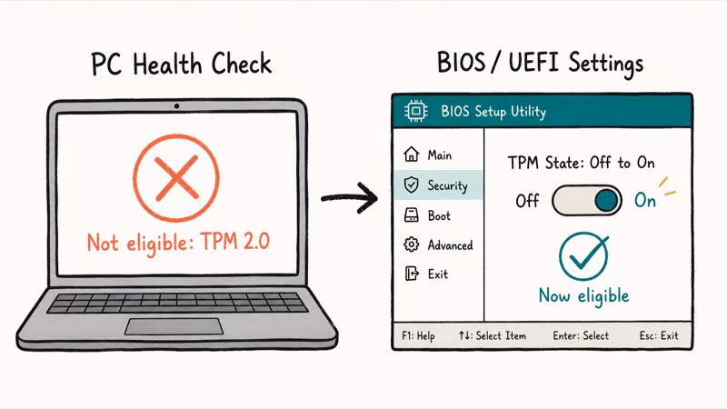 PC Health Check failing on TPM next to a BIOS screen toggling the TPM setting from off to