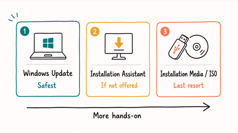 Three Windows 11 upgrade routes shown left to right from safest Windows Update to hands-on installation media