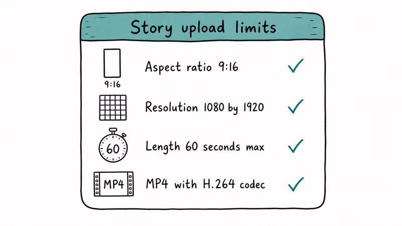Specs card listing Instagram Story upload limits aspect ratio resolution length and codec