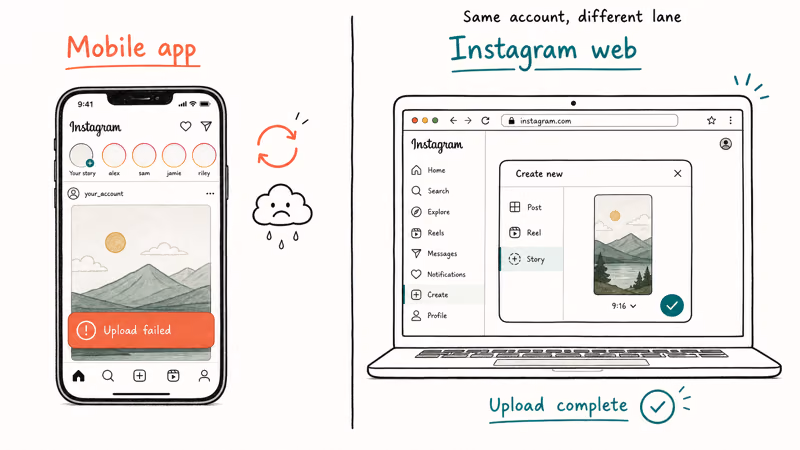 Phone showing Instagram error beside laptop browser successfully uploading Story to instagram web