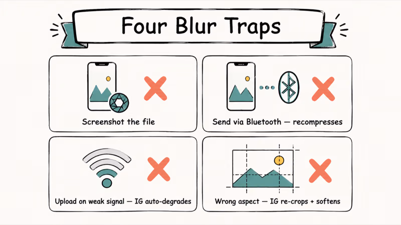 Hand-drawn four panel grid showing screenshot Bluetooth weak signal and wrong aspect as Instagram quality drop traps