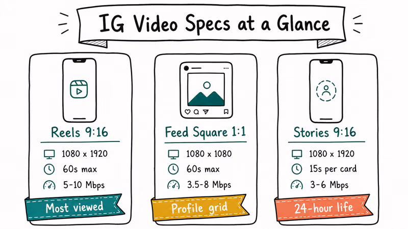 Hand-drawn three card spec sheet for Reels Feed and Stories Instagram video formats with resolution and length
