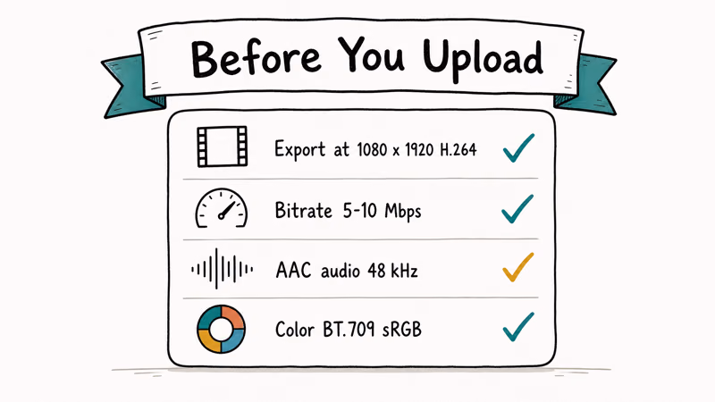 Hand-drawn four item pre-upload checklist for Instagram video covering resolution bitrate audio and color
