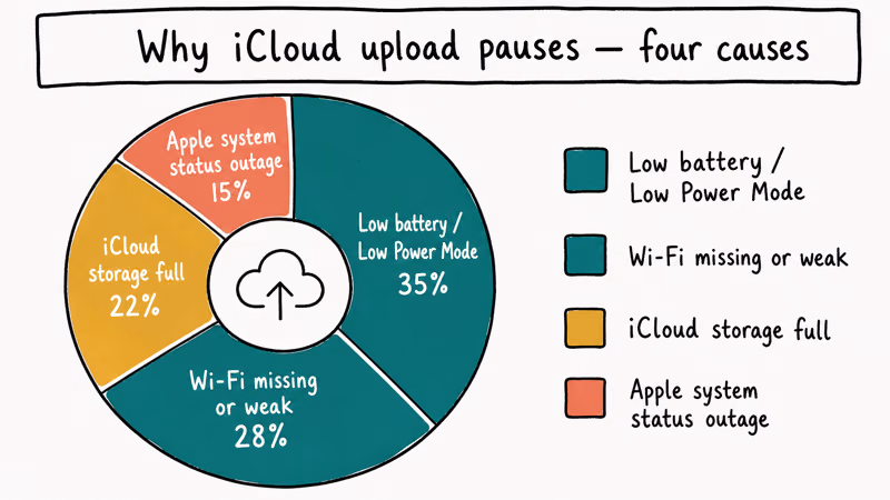 Donut chart showing four iCloud upload pause causes with battery WiFi storage and outage percentages