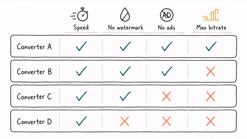 Comparison card of four URL to MP3 converters with checks and crosses for speed watermark ads and bitrate