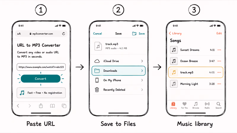 Three step flow on iPhone showing URL paste into converter saving to Files and appearing in the Music