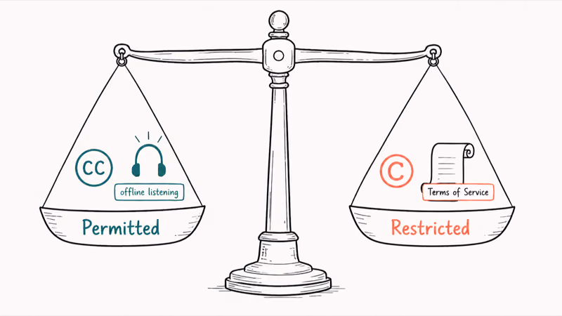 Hand drawn balance scale weighing permitted offline use against restricted copyright and terms of service