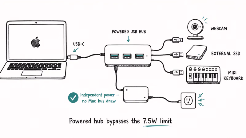 MacBook connected to a powered USB hub with AC adapter that supplies independent power to peripherals
