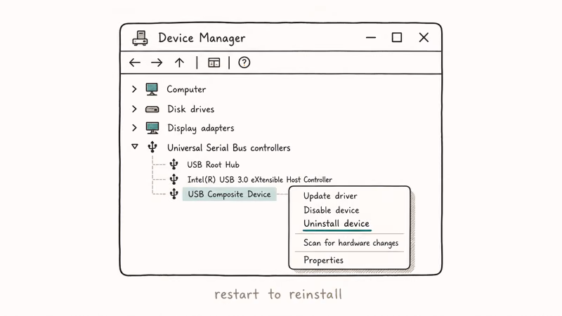 Hand-drawn Windows Device Manager USB controllers branch expanded with right click Uninstall device option highlighted and restart note