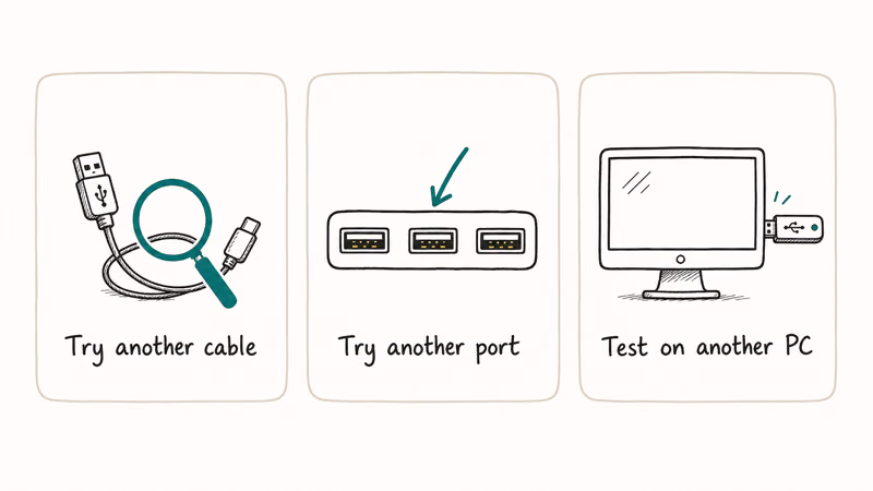 Hand-drawn three card hardware troubleshooting row try another cable try another USB port and test the device on