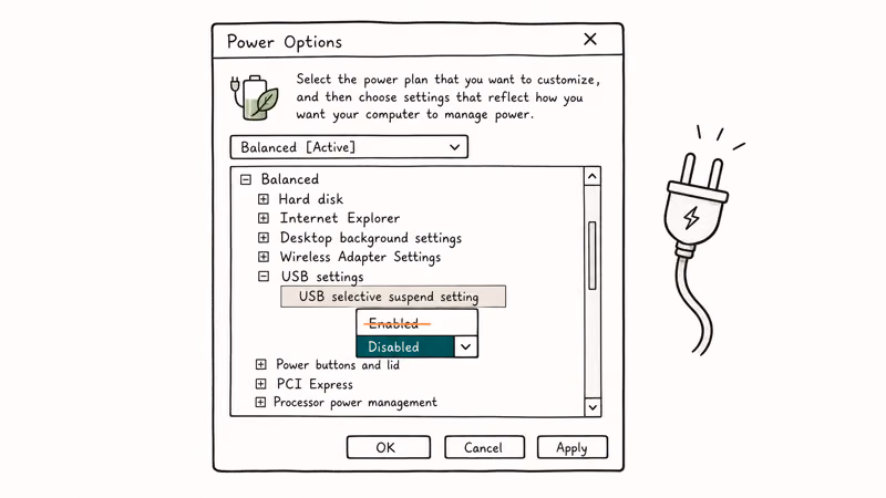 Hand-drawn Power Options advanced settings showing USB selective suspend changing from enabled to disabled with a power plug
