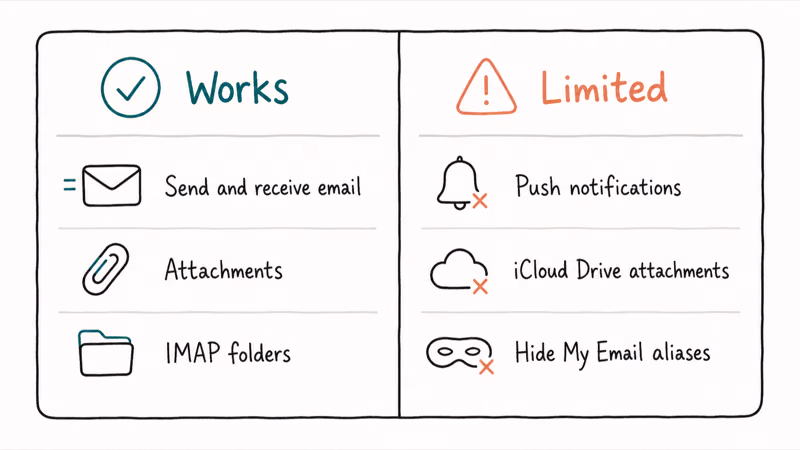 Two column card listing what iCloud email features work on Android versus what remains limited