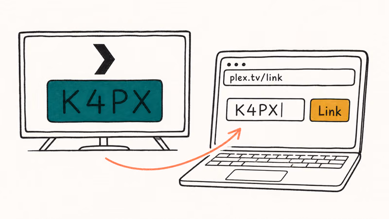 Hand-drawn pairing illustration with TV showing a four-character code and a laptop entering it at plex.tv/link.