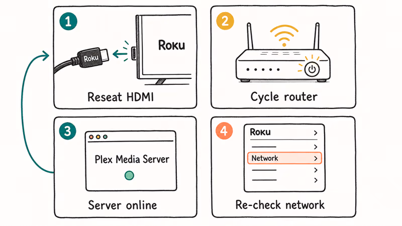 Hand-drawn 2x2 grid of four numbered troubleshooting steps for Plex on Roku playback failures.