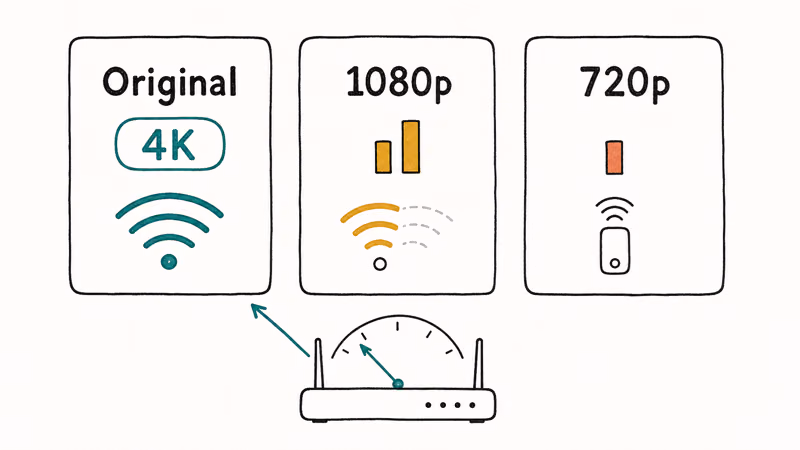 Three-card hand-drawn chart matching Plex stream quality presets to home network speed bars.
