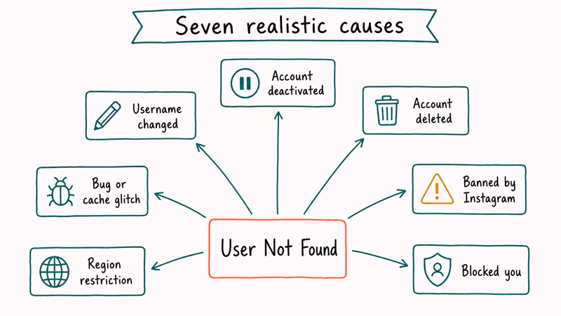 Seven spoke diagram showing all causes of Instagram User Not Found from username changes to blocking