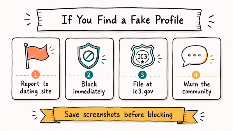 Four-card hand-drawn action plan for handling a fake dating profile including report block and warn.