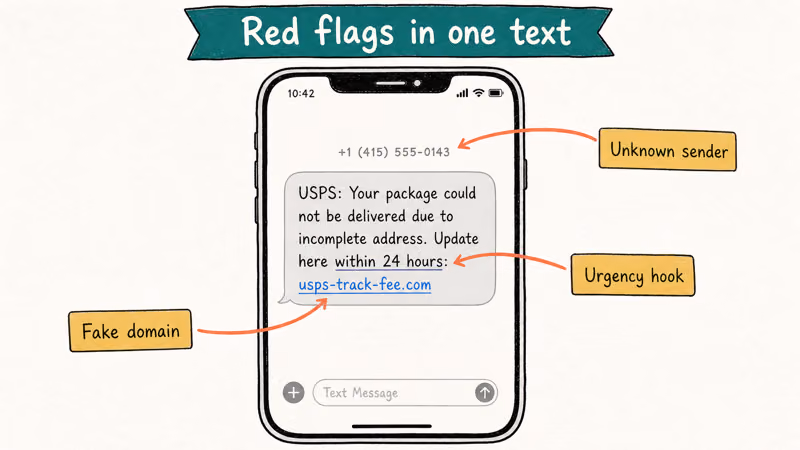 Phone showing fake USPS smishing text with three red flag annotations marking sender domain urgency