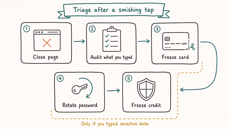 Five-step recovery flow after tapping a smishing link, sequenced from closing the page to credit freeze