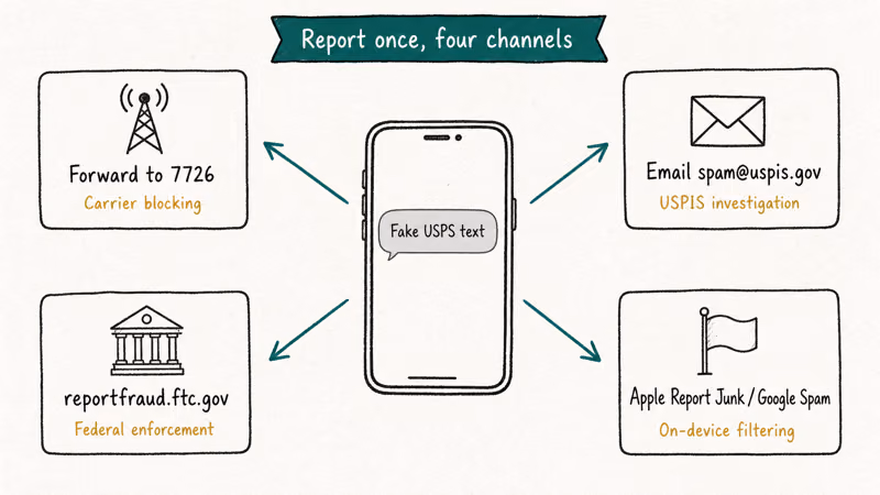 Diagram mapping a scam text to four parallel reporting destinations including 7726 USPIS FTC and in-app reports