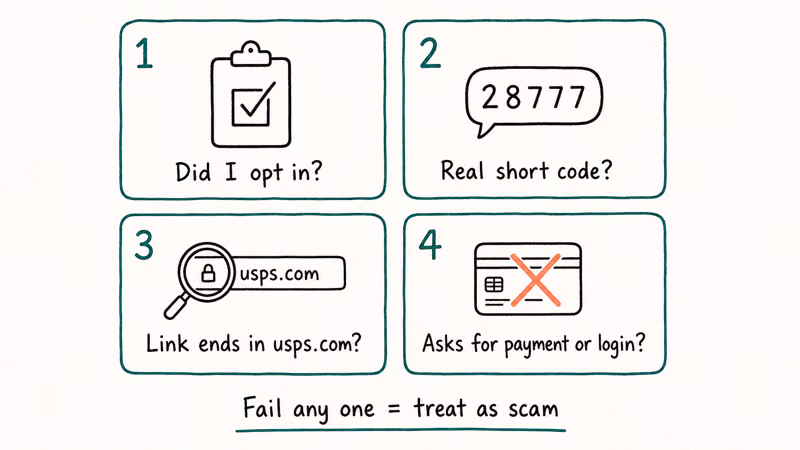 Four-card decision framework listing the four questions to verify a USPS text is legitimate